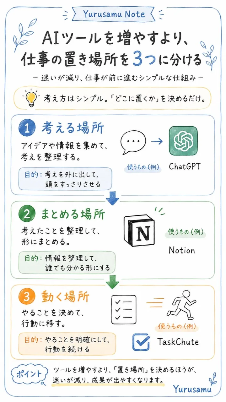 AIツールを増やすより、仕事の置き場所を3つに分ける図解